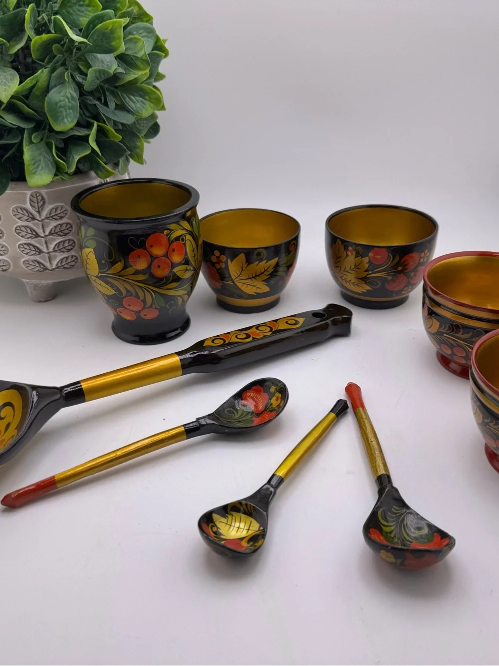 Khokhloma cup Spoon 9pc Hand Painted Lacquerware Vintage Russian Folk Art New